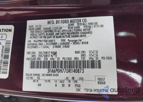2013 Ford Fusion Se из США, поврежденный, VIN 3FA6P0H77DR140873
